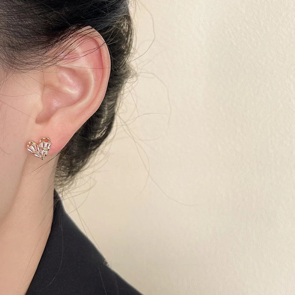 14K Gold Plated Copper Heart Zircon Micro Pave Stud Earrings For Women