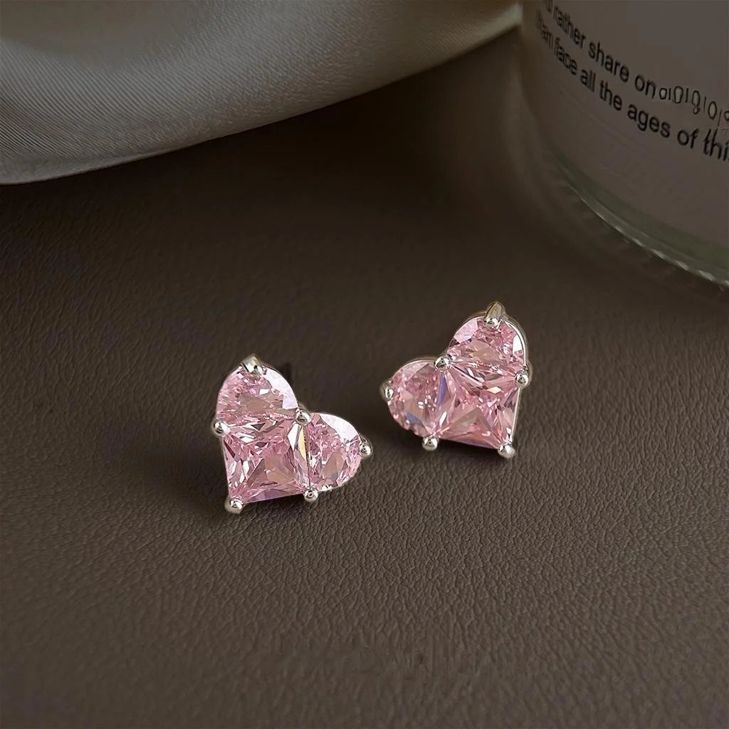 Minimalist Heart Geometric Pink Zircon Copper Stud Earrings For Women