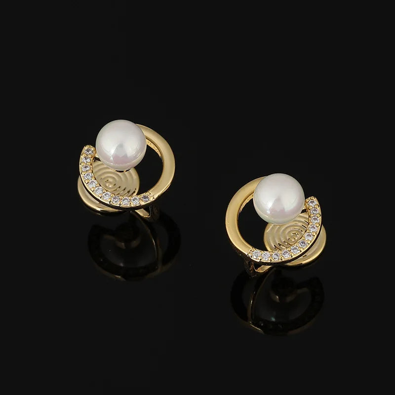 Elegant Geometric Pearl Hoop Stud & Clip On No Piercing Gold Alloy Rhinestone Korean Commuter Earrings