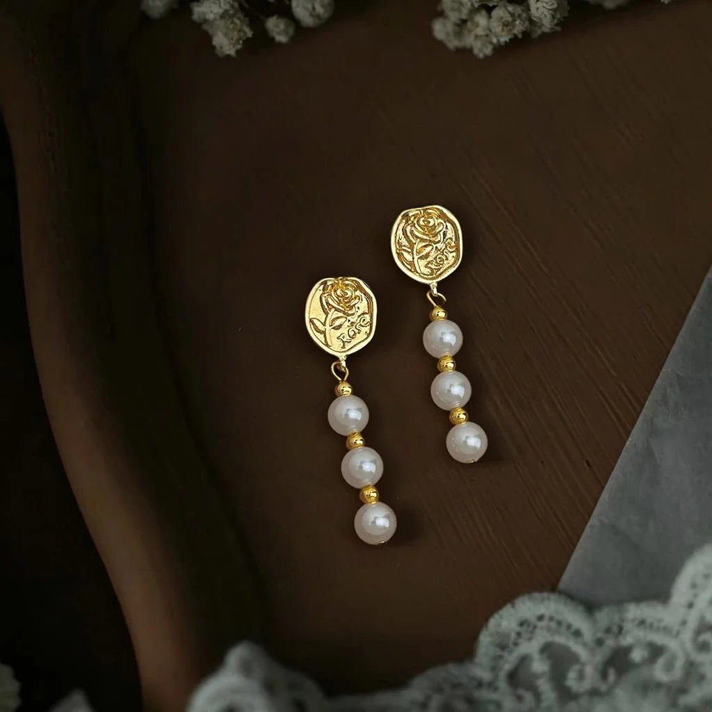 Designer 14K Gold Plated Copper Pearl Tassel Drop Earrings Floral Geometric Office Jewelry