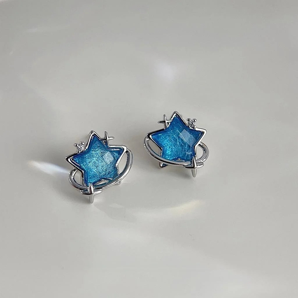 Blue Glass Five Point Star Stud Earrings Silver Plated Sweet Cool Geometric Jewelry