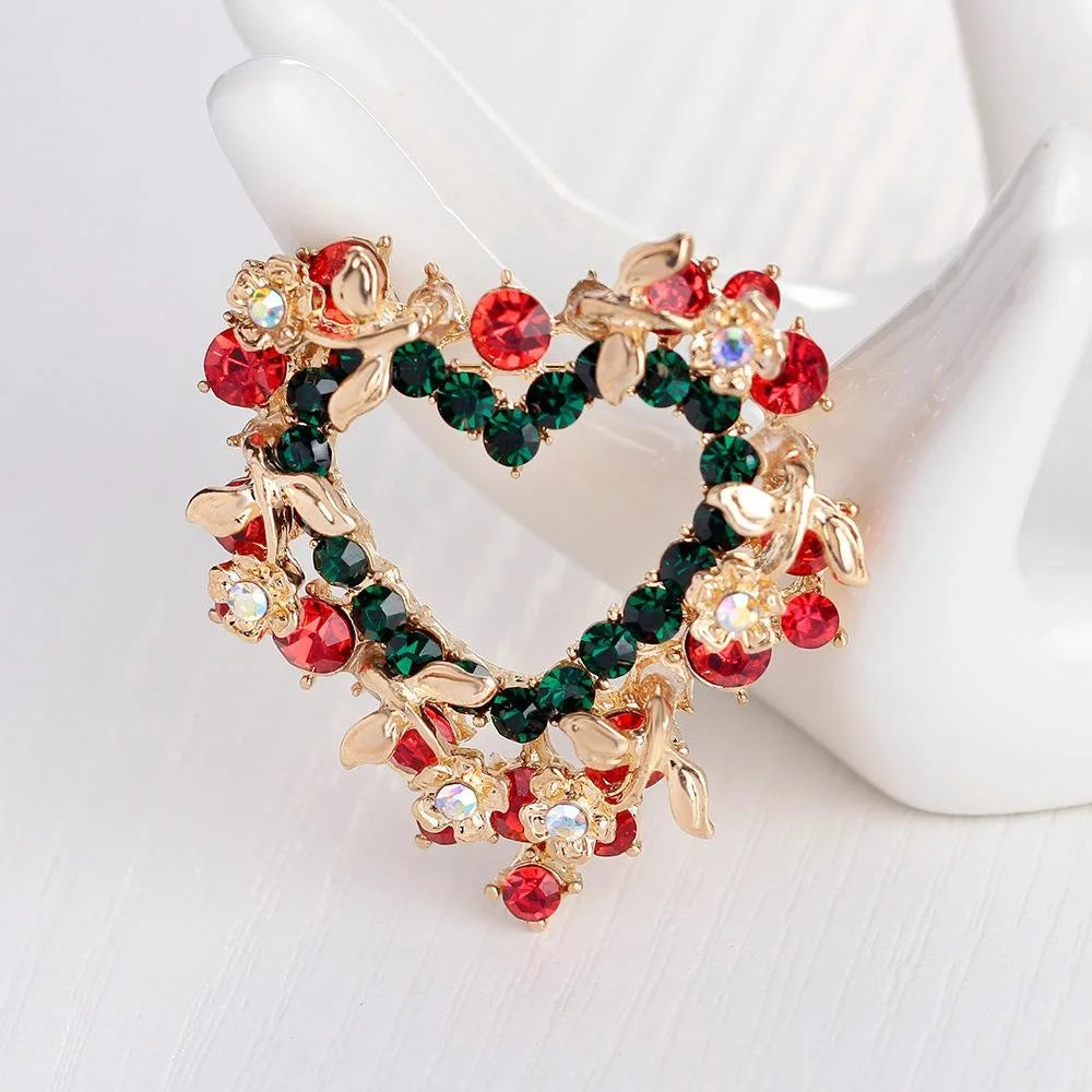 Elegant Christmas Heart Wreath Rhinestone Alloy Brooch, Red Green Floral Lapel Pin Corsage Gift