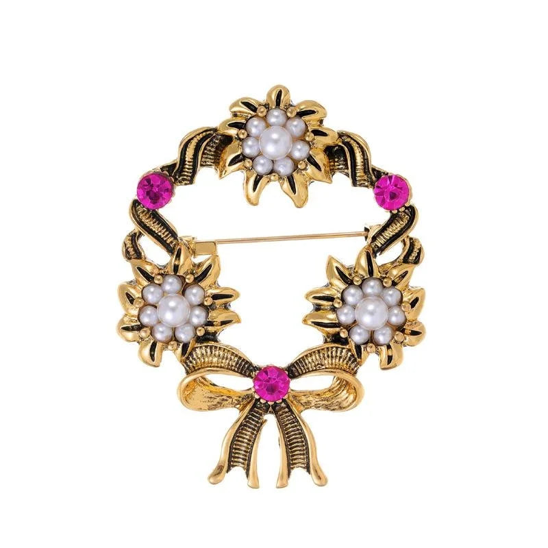 Vintage Gold Alloy Floral Wreath Brooch With Faux Pearl And Pink Rhinestone Bow, Elegant Lapel Pin Gift