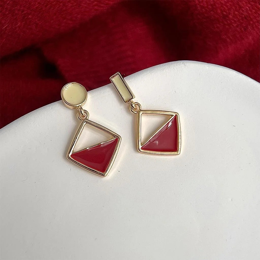 14K Gold Plated Red Contrast Square Geometric Hong Kong Retro Drop Earrings