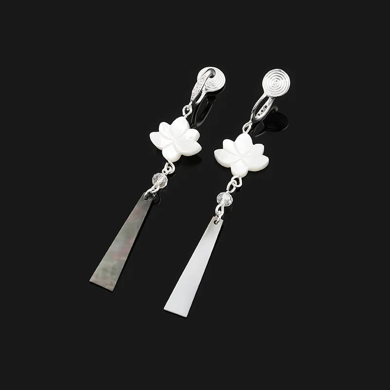 Vintage Natural Shell Lotus Flower Long Tassel Stud & Clip On No Piercing Chinese Style Dangle Earrings