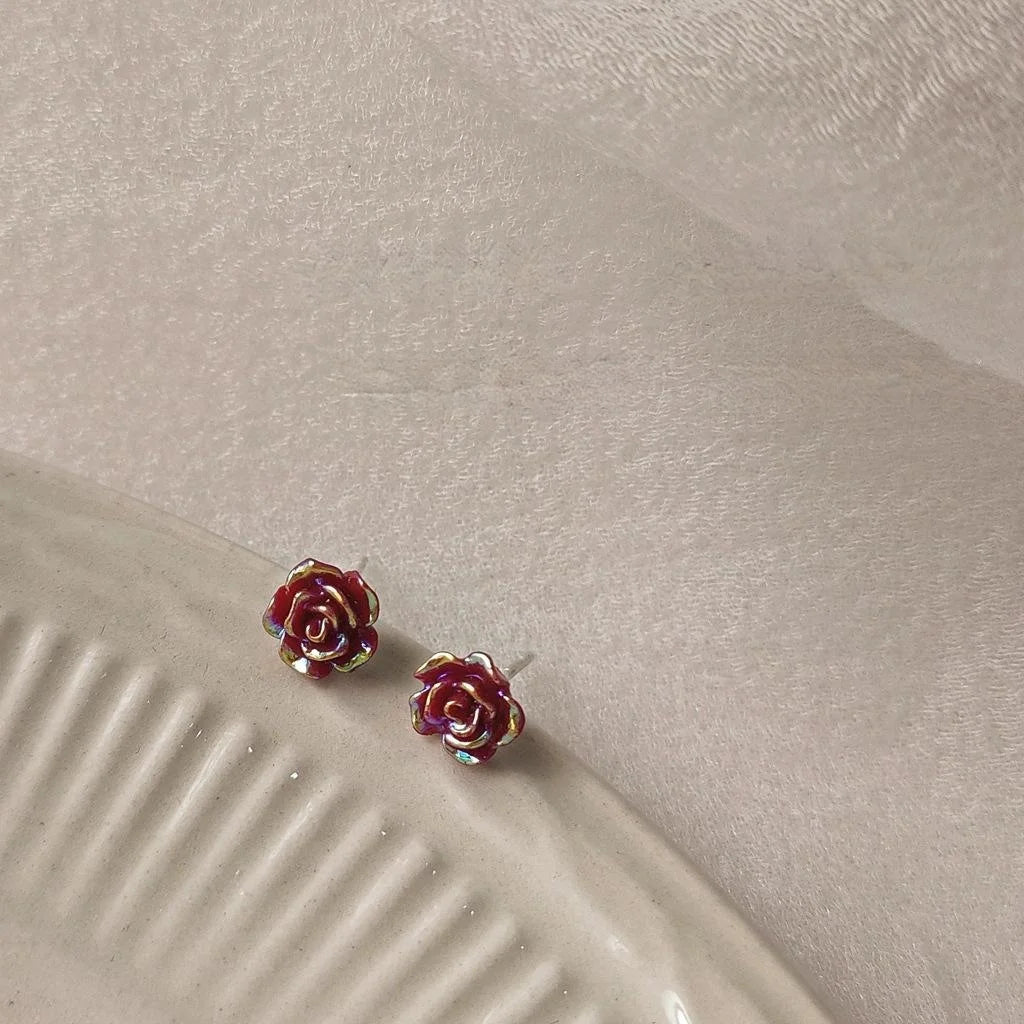 Mini Red Rose Resin Stud Earrings For Women Silver Plated Pin Simple Korean Style