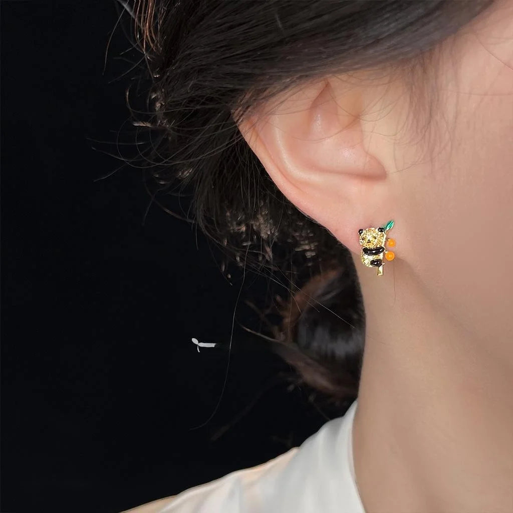 Silver Plated Copper Micro Pave Zircon Enamel Panda Stud Earrings Cute Luxury Animal Fashion Jewelry