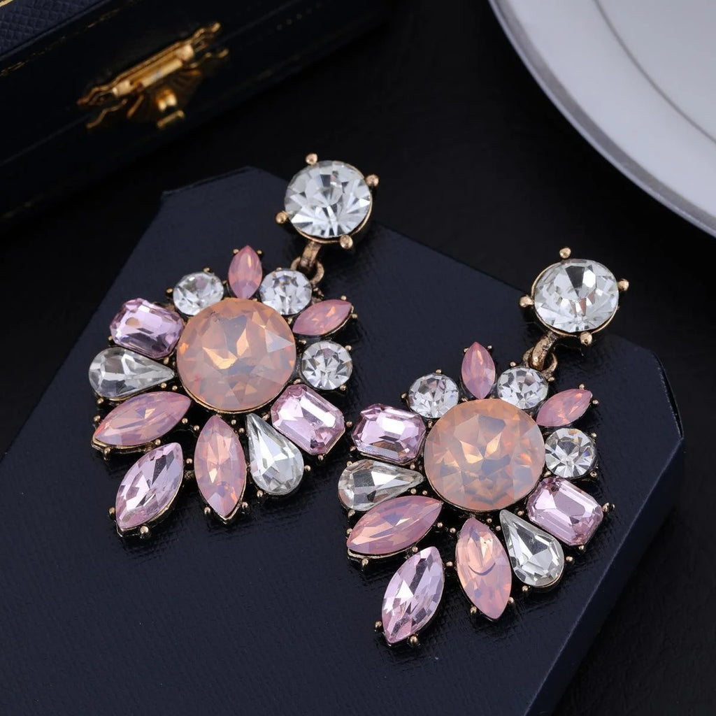 Luxury Vintage Crystal Rhinestone Flower Drop Earrings For Women Elegant Statement Wedding Party Gift