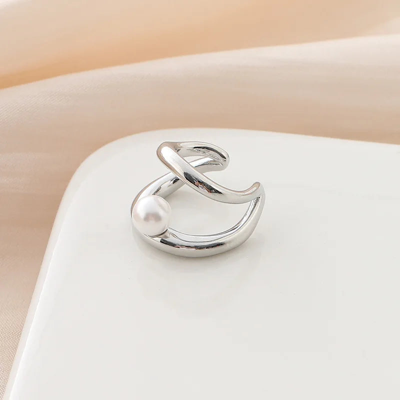 Elegant Minimalist Pearl Double Hoop Ear Cuff Alloy Metal Line Stud & Clip On No Piercing Earrings