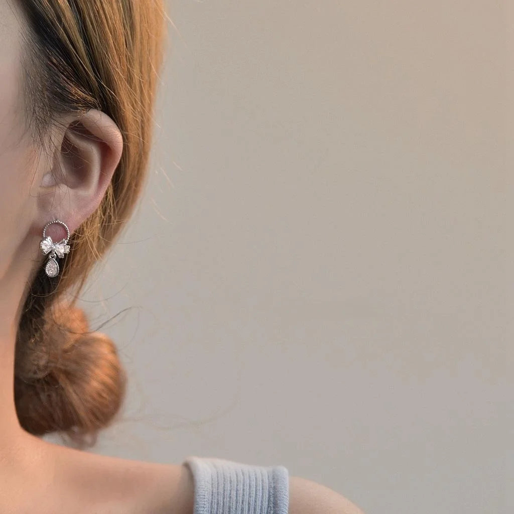 Zircon Bow Drop Earrings Silver Plated Sweet Pastoral Korean Style Jewelry