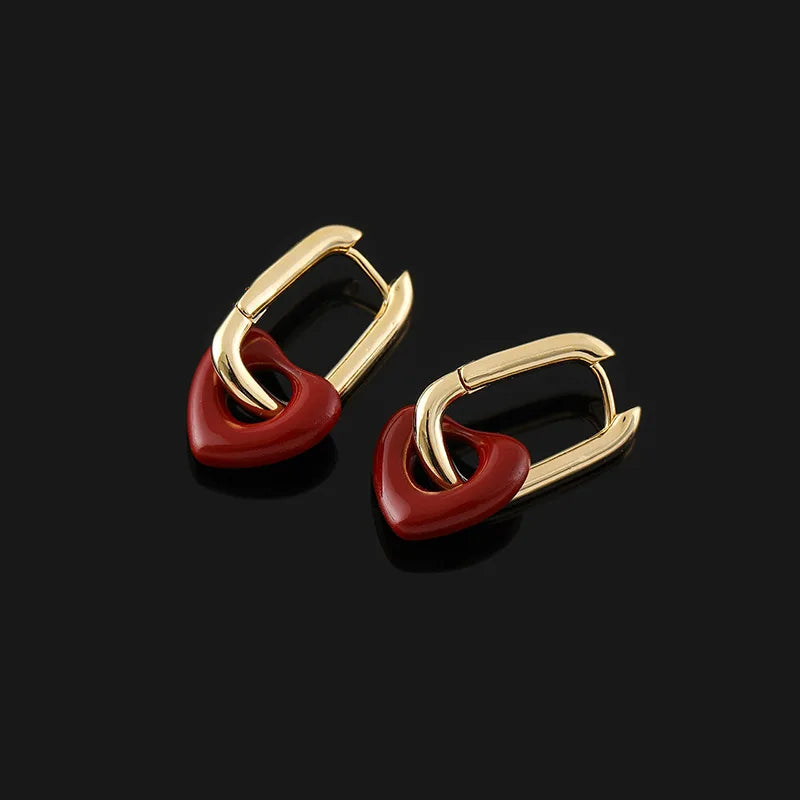 Elegant Red Enamel Heart Charm Gold Alloy Hoop Stud & Clip On No Piercing Fashion Earrings