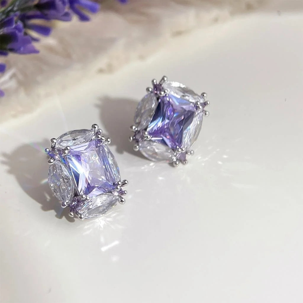 Lavender Purple Zircon Inlaid Geometric Round Oval Copper Stud Earrings Light Luxury Jewelry