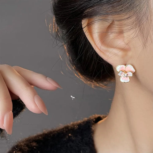 Sweet Gradient Enamel Copper Peach Blossom Iris Flower Stud Earrings, Cute Elegant Floral Jewelry