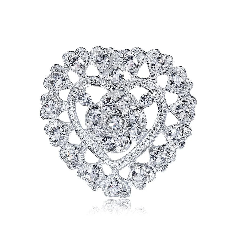 Elegant Korean Style Heart Rhinestone Brooch, Silver Alloy Zircon Lapel Pin Corsage For Women's Suit Gift