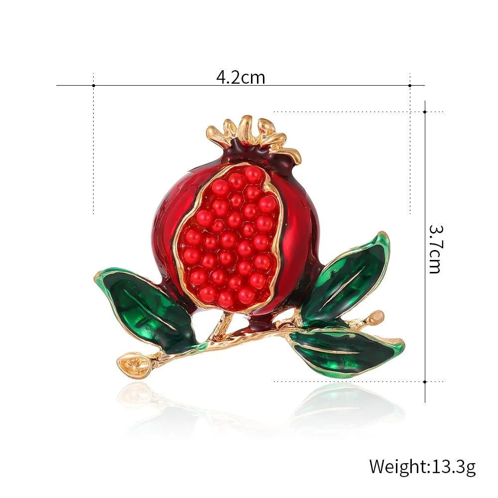Elegant Enamel Alloy Pomegranate Brooch With Green Leaves, Fruit Lapel Pin Corsage Suit Sweater Accessory Gift