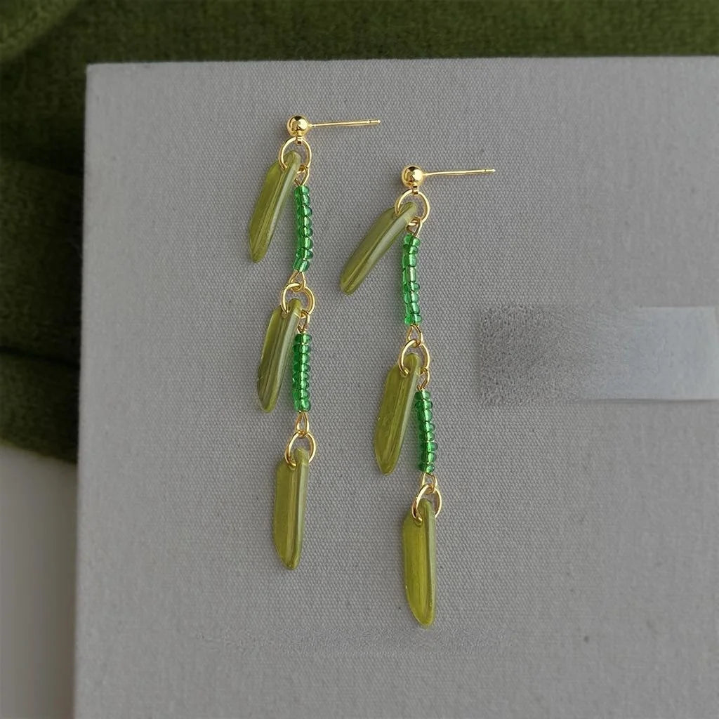 Handmade New Chinese Green Glass Crystal Beaded Bamboo Leaf Tassel Drop Earrings Pastoral Fresh Style