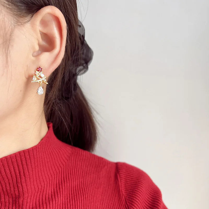 Elegant Zircon Pearl Christmas Tree Drop Stud & Clip On No Piercing Holiday Party Earrings