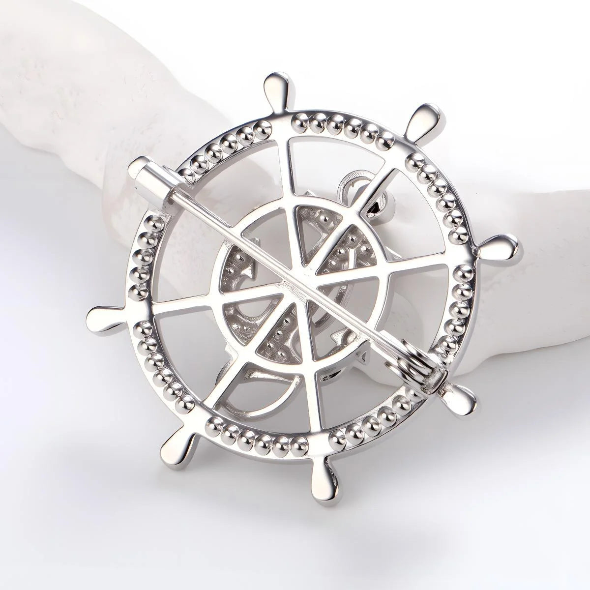 Luxury Rhinestone Alloy Ship Wheel And Anchor Brooch, Nautical Chain Lapel Pin Suit Accessory Gift