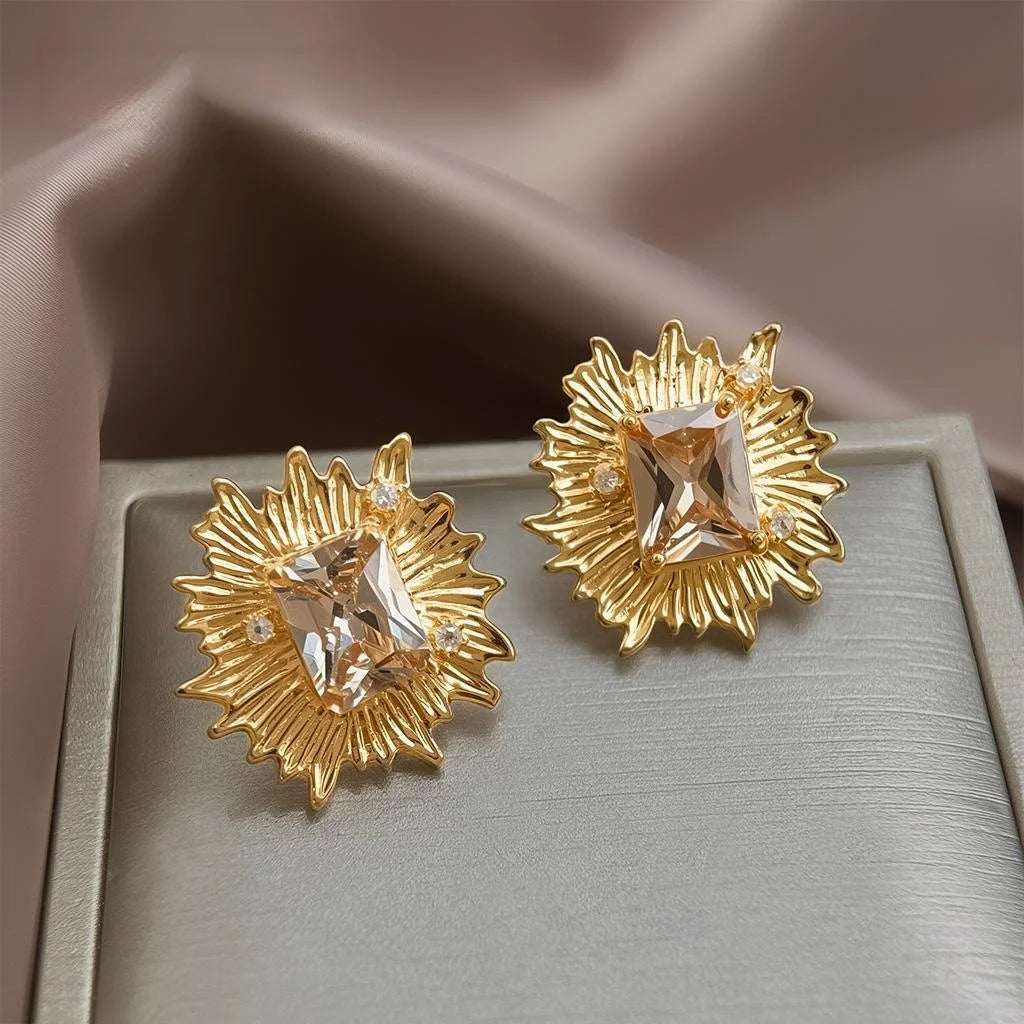 14K Plated Copper Zircon Geometric Flower Stud Earrings For Elegant Office Wear
