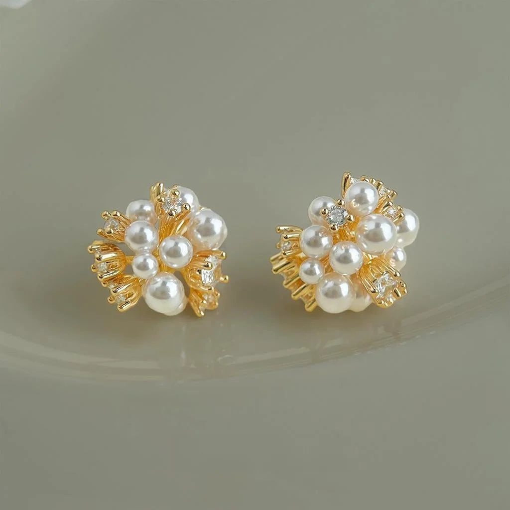 14K Plated Copper Pearl Zircon Firework Flower Stud Earrings Elegant French Geometric Jewelry