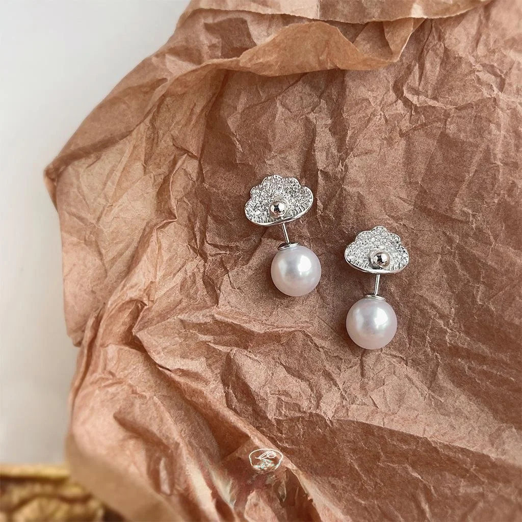 French Vintage Copper Cloud Pearl Micro Pave Zircon Stud Earrings Two Way Luxury Jewelry