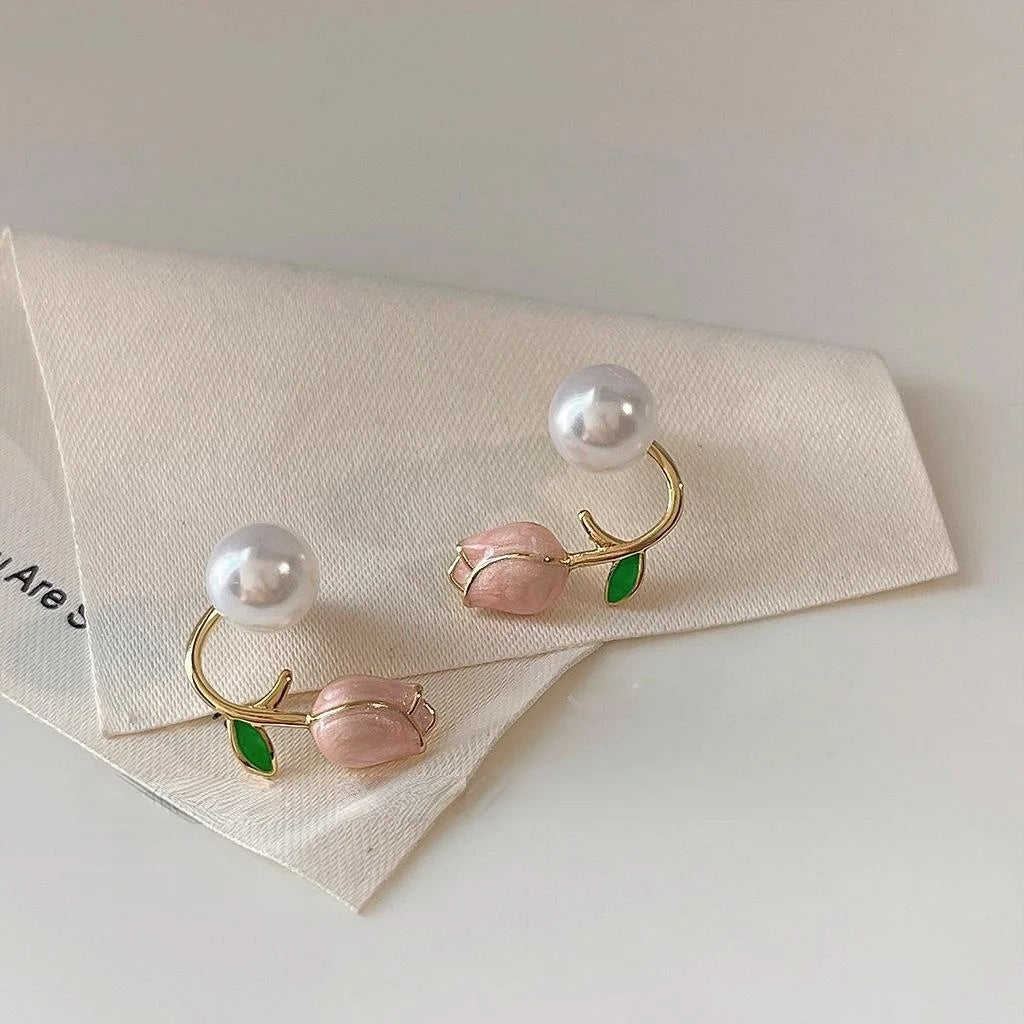 Two Way 14K Plated Copper Tulip Flower Stud Earrings, Elegant Sweet Floral Jewelry