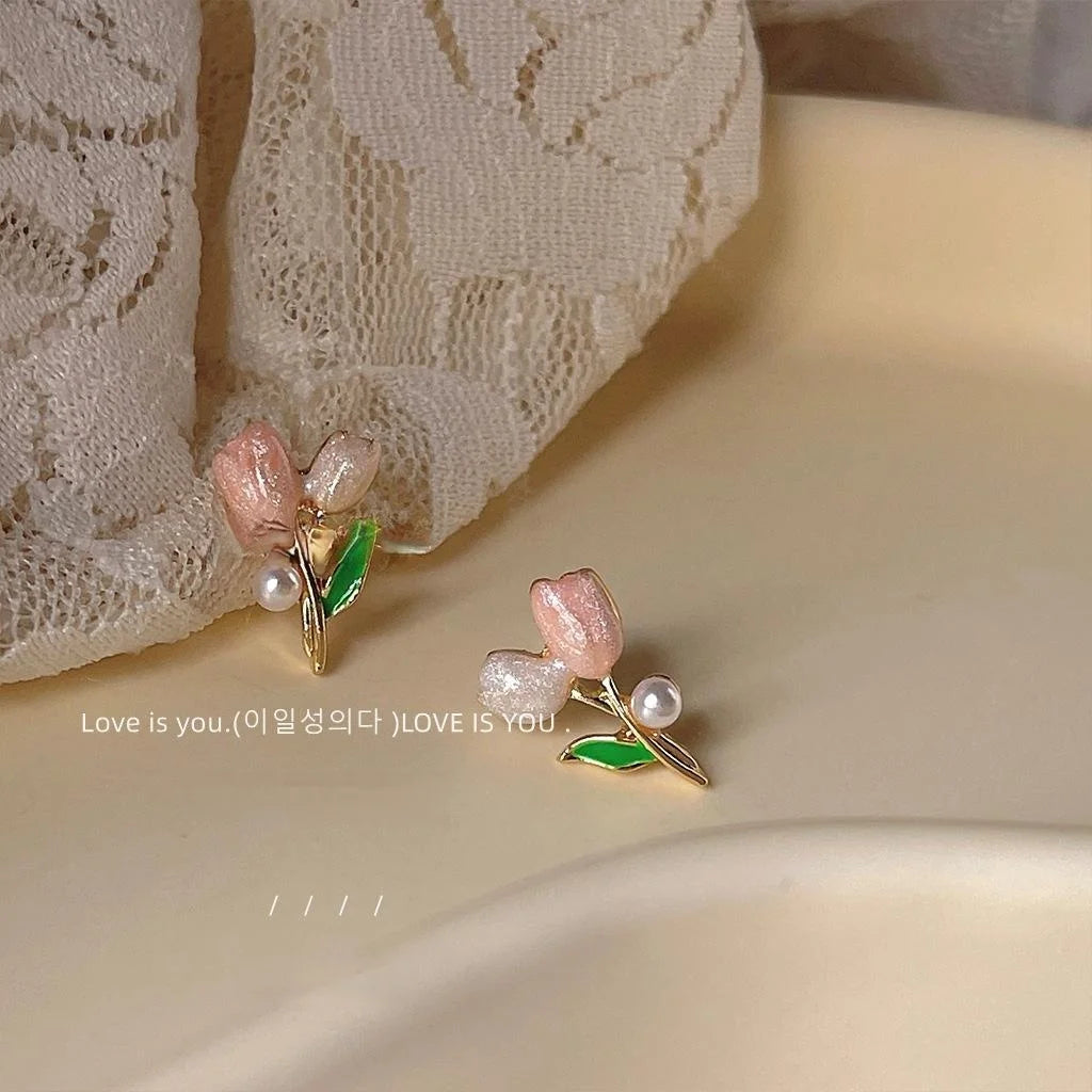 Sweet Pink Enamel Tulip Flower Copper Stud Earrings, Two Tone Elegant Cute Daily Jewelry