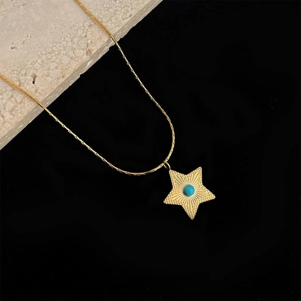 Vintage 18K Gold Plated Stainless Steel Synthetic Turquoise Sun Star Necklace