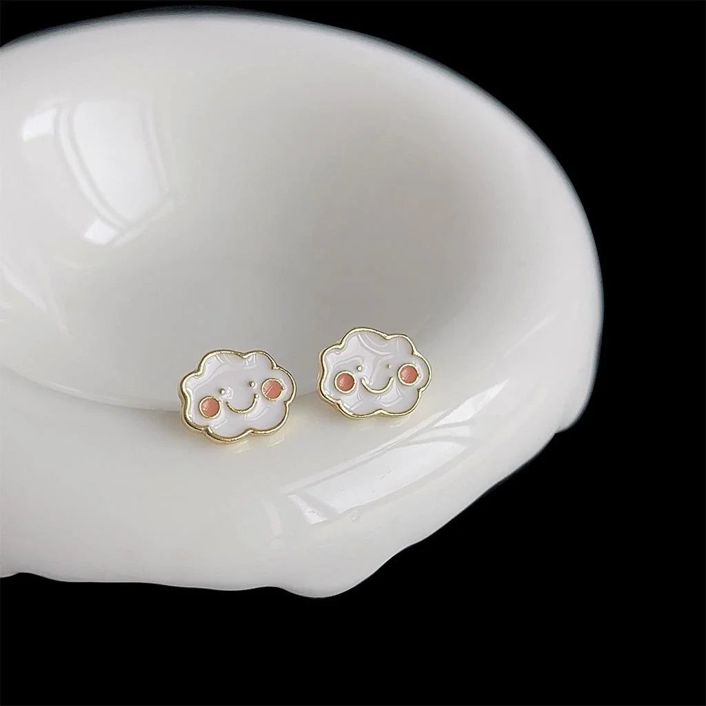 Cute Minimalist White Cloud Enamel Copper 14K Gold Plated Stud Earrings