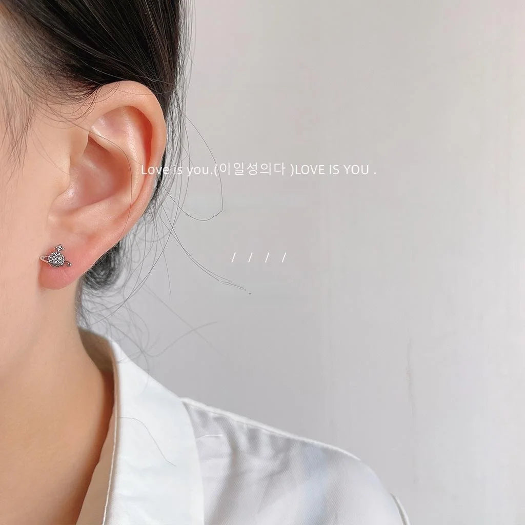 Mini Micro Pave Zircon Copper Stud Earrings With Silver Plated Pins Space Planet Style Jewelry