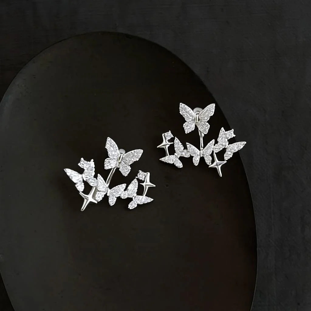 French Vintage Micro Pave Zircon Butterfly Drop Earrings Copper Convertible Elegant Jewelry