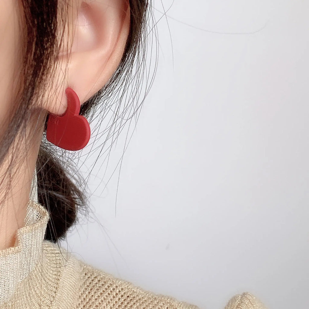 Matte Red Enamel Love Heart Drop Stud & Clip On No Piercing Spiral Disc Dangle Earrings