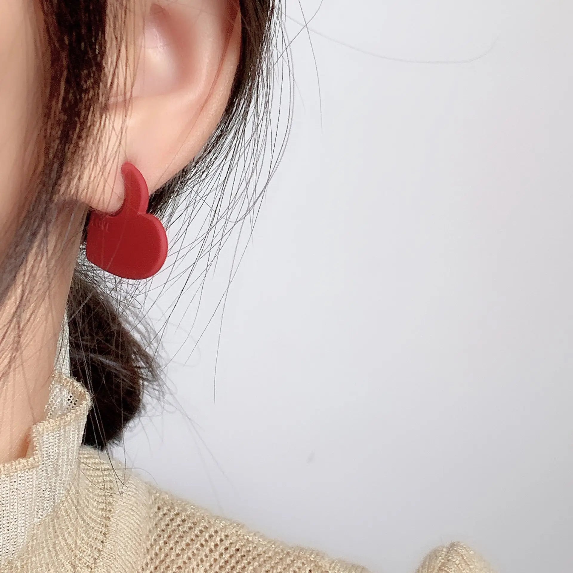 Matte Red Enamel Love Heart Drop Stud & Clip On No Piercing Spiral Disc Dangle Earrings