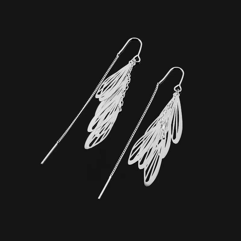Elegant Silver Alloy Wing Feather Tassel Threader Stud & Clip On No Piercing Long Face Slimming Earrings