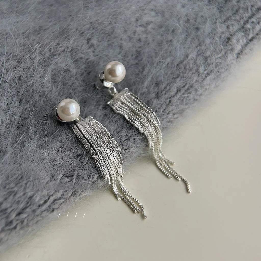 Convertible Light Luxury Silver Geometric Tassel Drop Earrings With Glass Pearls And Copper Alloy