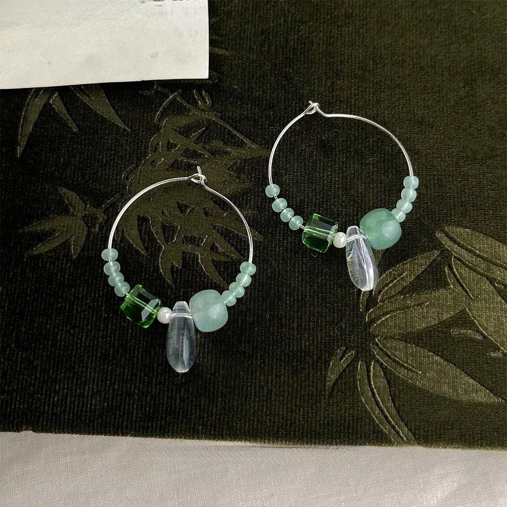 Forest Fairy Green Aventurine Glass Crystal Round Geometric Drop Earrings