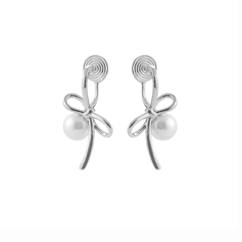 Elegant Silver Alloy Bowknot Pearl Stud & Clip On No Piercing Unique Gentle Fashion Earrings