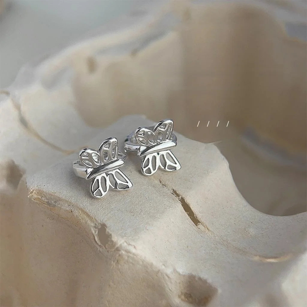 Silver Tone Copper Hollow Butterfly Stud Earrings Minimalist Cool Style Everyday Jewelry