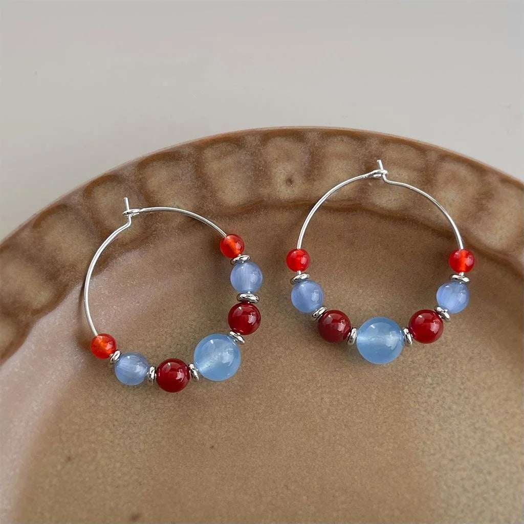 Handmade Copper Red Agate Glass Round Geometric Pastoral Drop Earrings