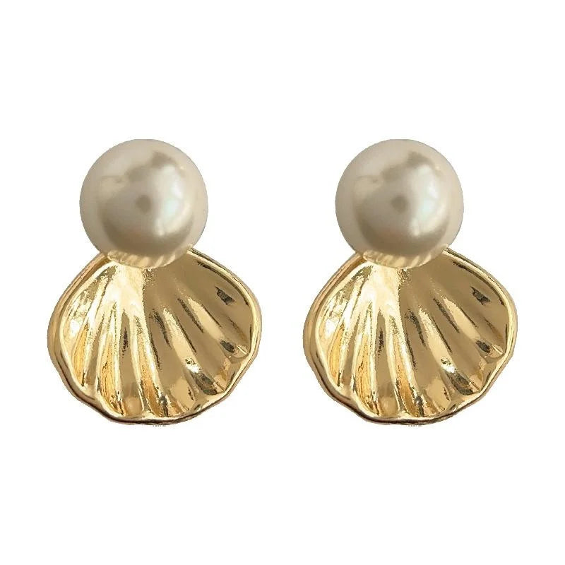14K Gold Plated Copper Glass Pearl Scallop Shell Stud Earrings Elegant Luxury Jewelry