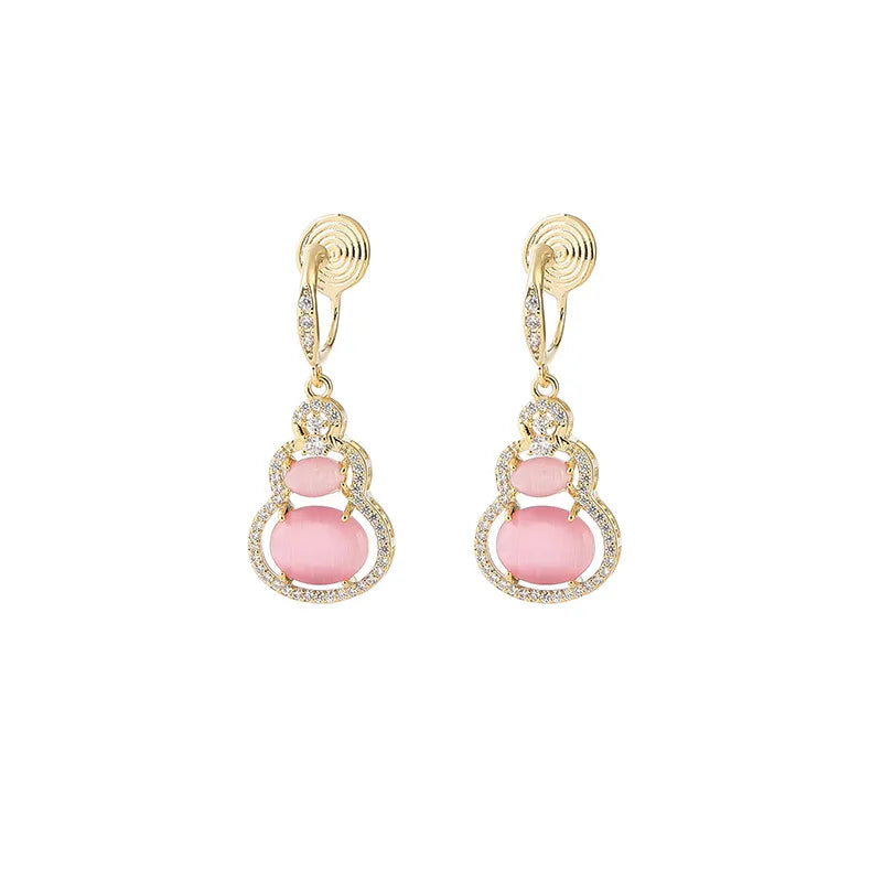 Elegant Pink Cat Eye Stone Gourd Drop Alloy Rhinestone Stud & Clip On No Piercing Vintage Earrings