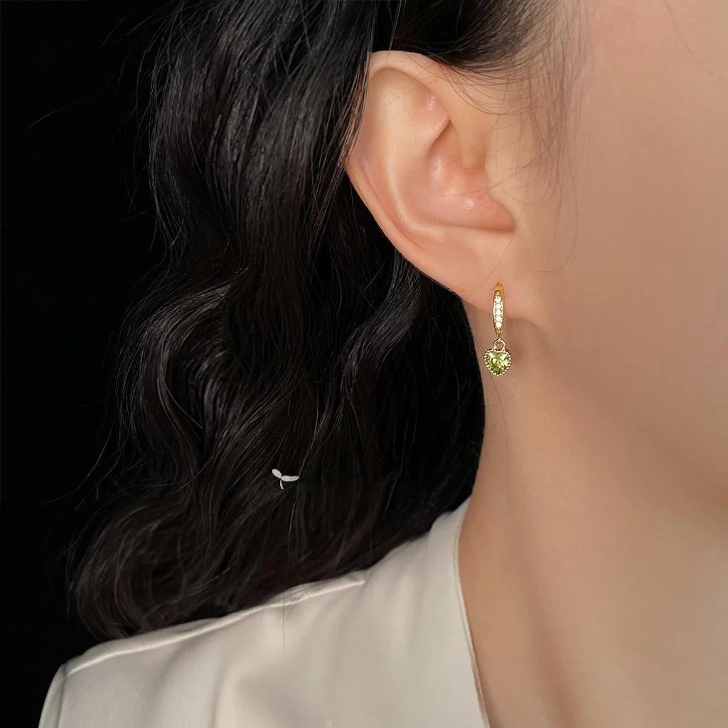 14K Gold Plated Olive Green Zircon Heart Drop Earrings, Light Luxury Minimalist Jewelry