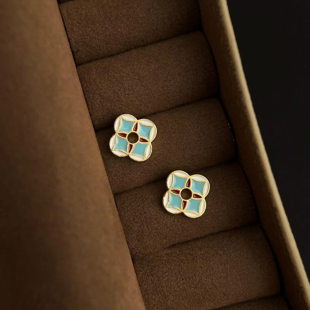 2025 New Chinese Style Copper Geometric Coin Stud Earrings For Women Petite Silver Plated Pin