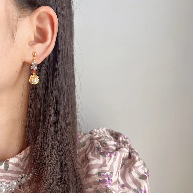 Elegant Colorful Crystal Beaded Hoop With Shell Pearl Pendant Stud & Clip On No Piercing Earrings