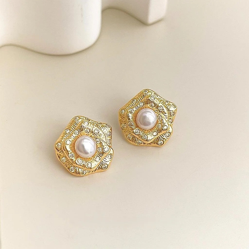 Light Luxury Copper Freshwater Pearl Zircon 3D Rose Stud Earrings For Women
