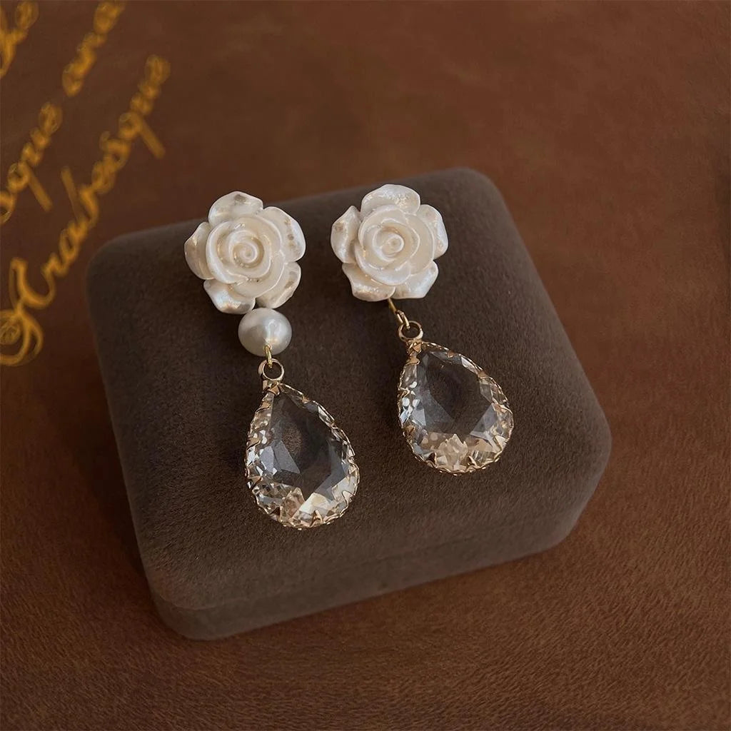 Light Luxury Transparent Resin Rose Flower Glass Crystal Water Drop Earrings for Women