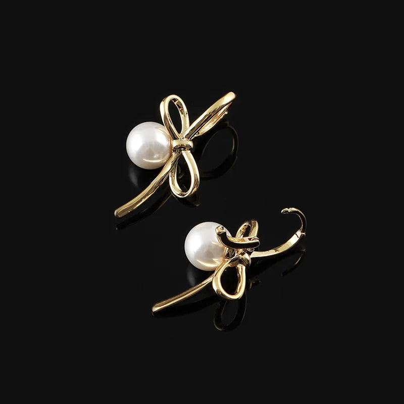 Elegant Gold Alloy Bowknot Pearl Spiral Stud & Clip On No Piercing Lightweight Luxury Drop Earrings