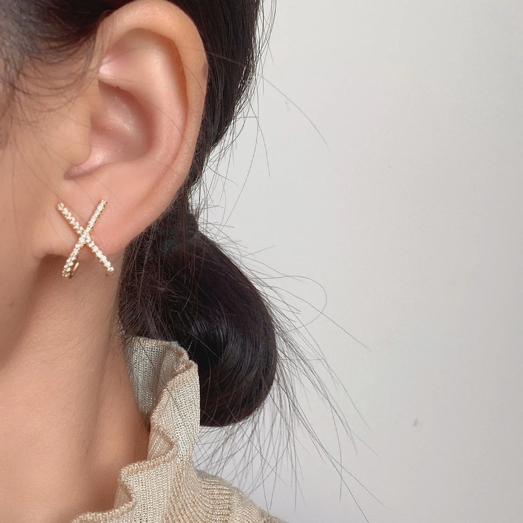 Elegant Rhinestone X Letter Cross Gold Alloy Stud & Clip On No Piercing Minimalist Micro Pave Earrings