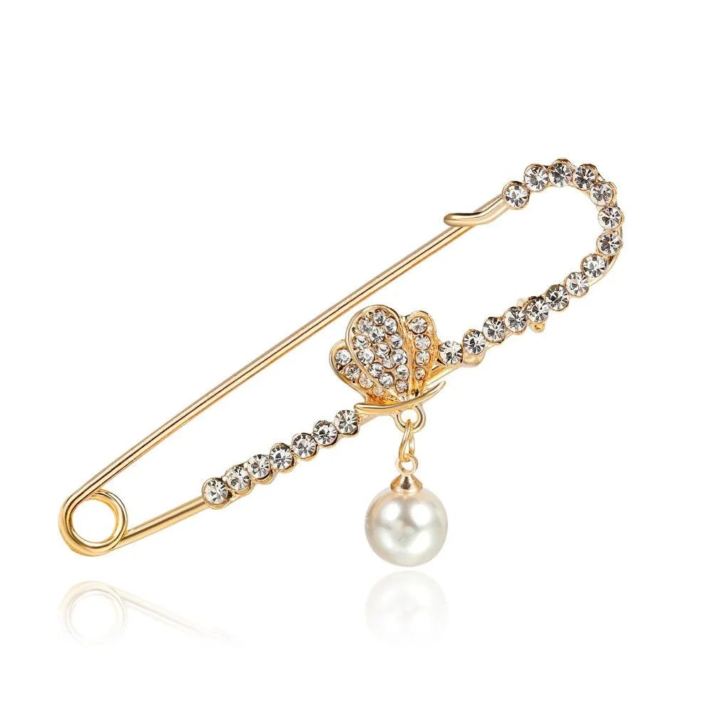 Elegant Gold Alloy Safety Pin Brooch With Rhinestone Bow Heart And Pearl Charm, Women's Lapel Pin Gift