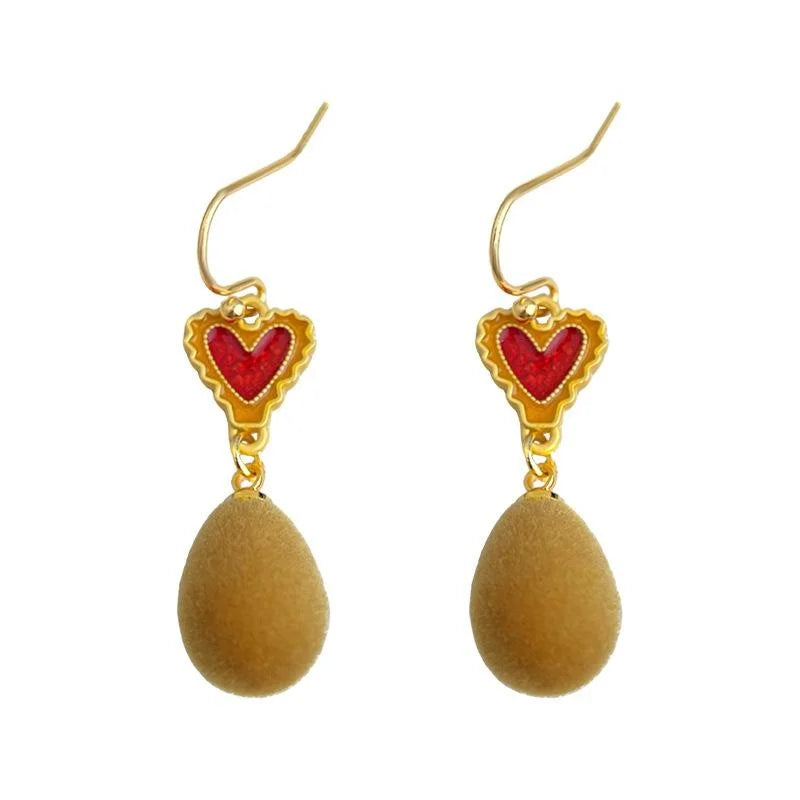 Vintage Maillard Style Copper Enamel Flocked Heart Oval Drop Earrings For Women